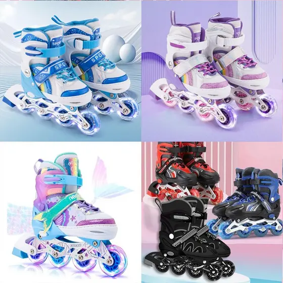 Patins Inline Infantil Meninos Roller Reto Ajustável Com Led + Kit Proteção Presente Meninas