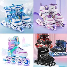 Patins Inline Infantil Meninos Roller Reto Ajustável Com Led + Kit Proteção Presente Meninas