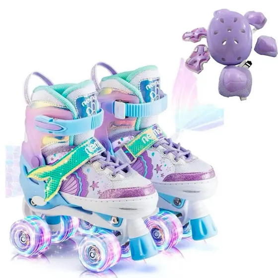 Patins Infantil 4 Rodas Quad Roxo Sereia Com Luz De Led Patins Meninas Com Proteção Ajustavel