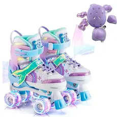 Patins Infantil 4 Rodas Quad Roxo Sereia Com Luz De Led Patins Meninas Com Proteção Ajustavel