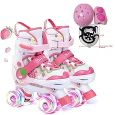 Patins 4 Rodas Infantil Morango Menina Com Luz De Led + Kit Proteção Semi Professional Promoção