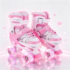 Patins Infantil 4 Rodas Meninas Com Freios + Proteção Ajustável Rosa Unicornio Com Luz De Led