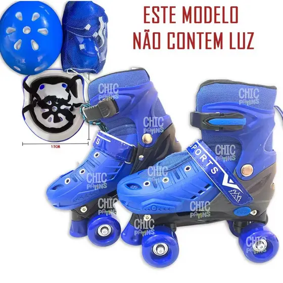 Patins Infantil De 4 Rodas Azul Sem LED Ajustavel Meninos Com Protecao Quda Criancas Com Freios