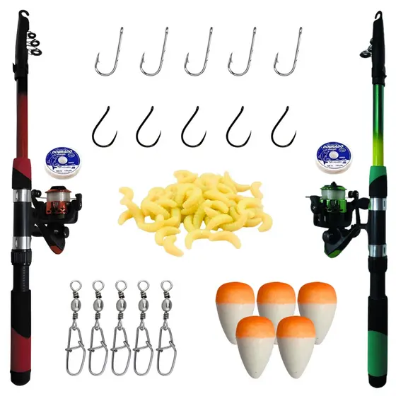 Kit Completo De Pesca Com Varas Telescópicas 1,70m Molinetes Um Rolamento Anzois Chinu e Nickel Iscas Artificiais Larva.
