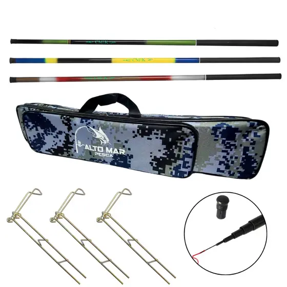 Kit Para Pesca Bolsa De 70CM Três Divisórias, 3 Varas Fibra De Vidro  3 Apoios De Vara de Ferro  Para Barranco em Oferta