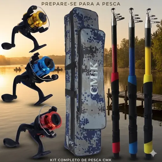 Kit Para Pesca Em Oferta 3 Varas e 3 Molinetes e 1 bolsa De 70CM Três Divisórias