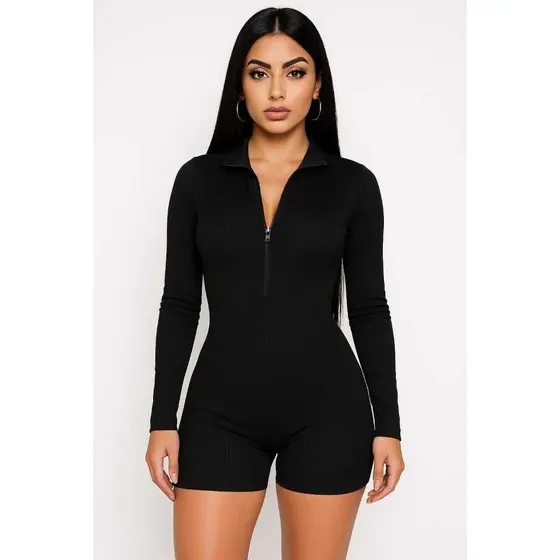 Macaquinho Canelado Feminino Fitness Moda Casual Manga Longa Coladinho Modela o Corpo Com Zíper Reforçado