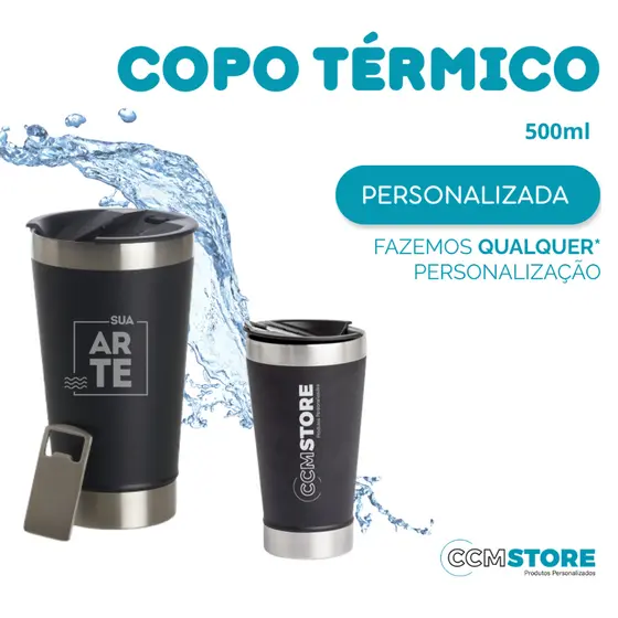 Copo Térmico 500ml com Abridor Personalizado, logo Profissões e desenhos
