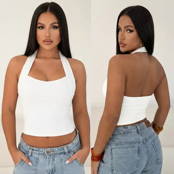 Blusa Feminina Top Halter Cropped Decote Frente Única Costas Nua Verão Moda Gringa Blogueira Suplex