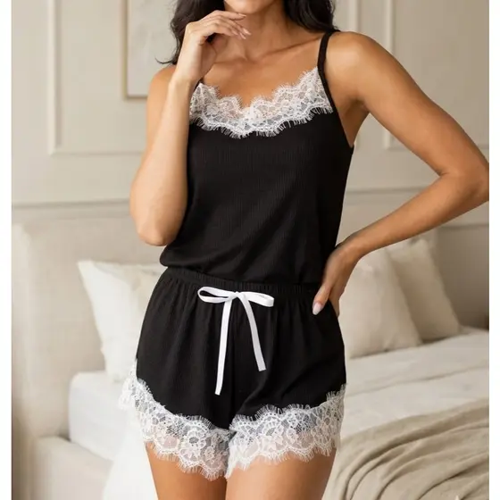 Baby Doll Canelado Com Renda Luxo Pijama Short Dool Sensual Fresquinho Rendado Confortável