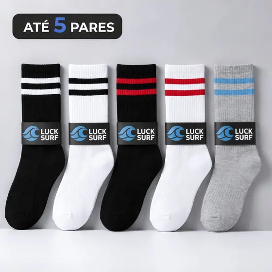 Meias Masculina Cano Alto Listradas Coloridas Algodão Luck Surf