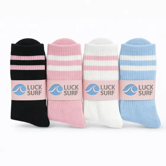 Kit 4 Pares Meias Femininas Cano Alto Listradas Coloridas Algodão Luck Surf