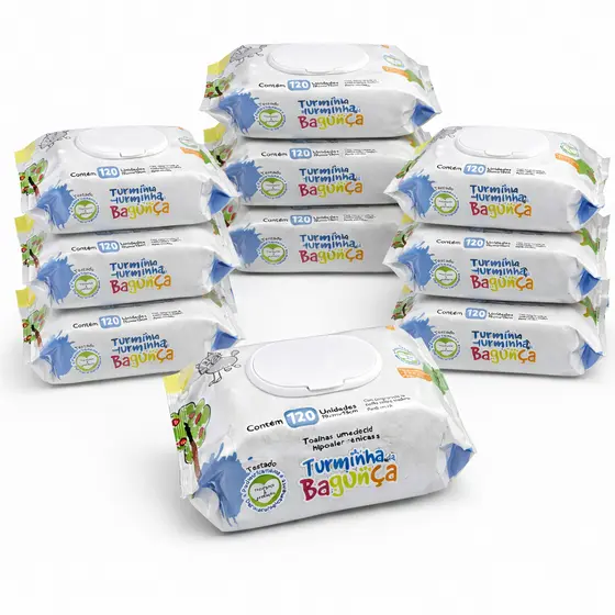Kit 10 Pacotes Toalhas Umedecidas Turminha da Bagunça 120 Folhas 98% Água Lenço Umedecido