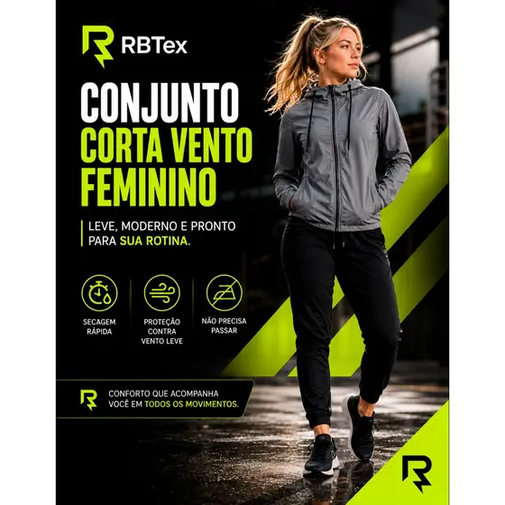 Conjunto Jaqueta Corta-Vento Impermeável Feminina com Calça Jogger Toque Macio - Proteção Antí Odor