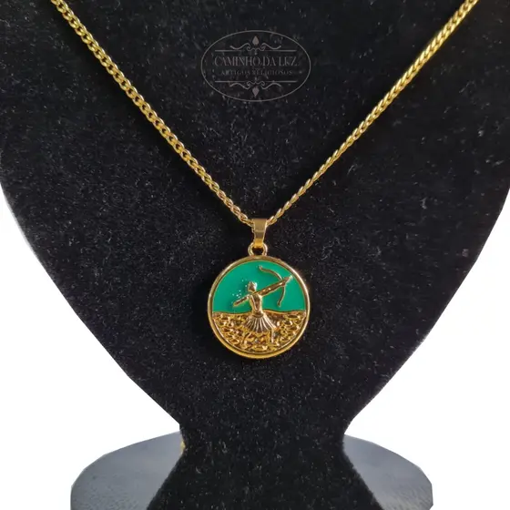 Kit Pingente Oxóssi Banhado a Ouro 18k Umbanda Candomblé + Corrente 60cm