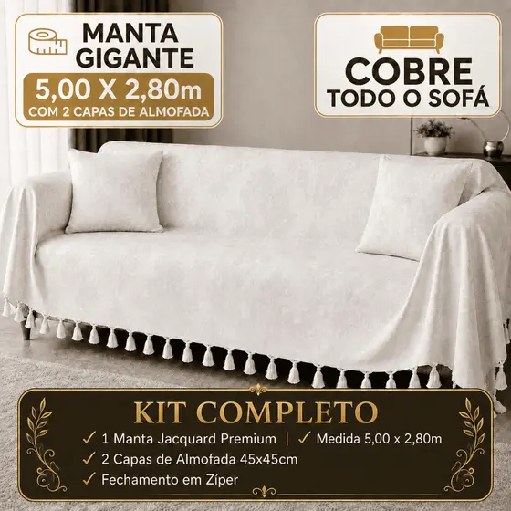 Manta Gigante 5,00x2,80 Jacquard Premium + 2 Capas Almofada Para Sofá Grande