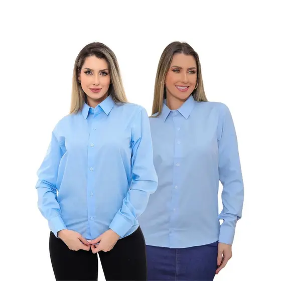 KIT Feminino 2 Peças - Camisa Social Premium Tipo Linho Azul Claro e  Camisa Social Slim Azul Bebê