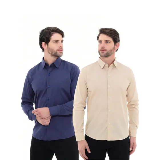 KIT Masculino 2 Peças - Camisa Social Premium Tipo Linho Azul Marinho e Camisa Social Premium Tipo Linho Bege