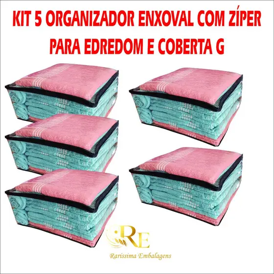 Kit 5 Saco Organizador Cobertor, Casaco, Edredom, Guarda Roupa Anti-Poeira Anti-Umidade Multiuso Zíper, PVC Cristal 48cm
