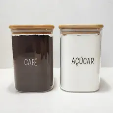Kit 2 Potes Hermético Vidro Quadrado Personalizado Resistente 1,1 Litros Tampa de Bambu Café Açúcar