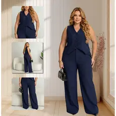 Conjunto Feminino Plus Size Colete e Calça Alfaiataria Pantalona Elegante 2 Peças Social