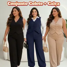 Conjunto Feminino Plus Size Colete e Calça Alfaiataria Pantalona Tecido Marrant Elegante 2 Peças Social