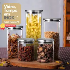 Kit 5 Potes de Vidro com Tampa Inox hermético Redondo Porta Condimentos