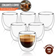 Kit 6 Copos Parede Dupla de Vidro 100 ml Copo de Café Chá Suco Copo Duplo Isolante Térmico
