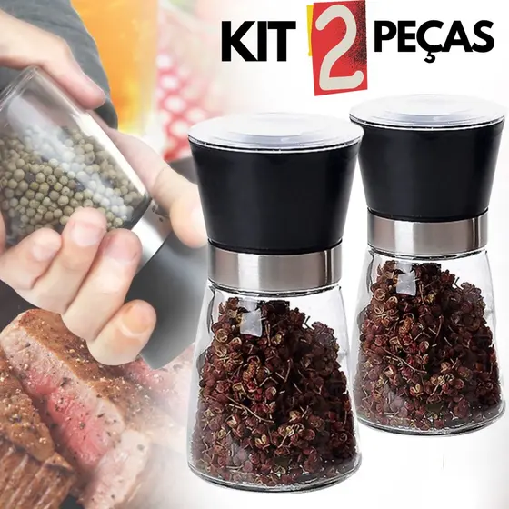 Kit 2 Moedor De Tempero com Regulador Sal Pimenta Porta Condimentos Especiarias De Vidro Premium