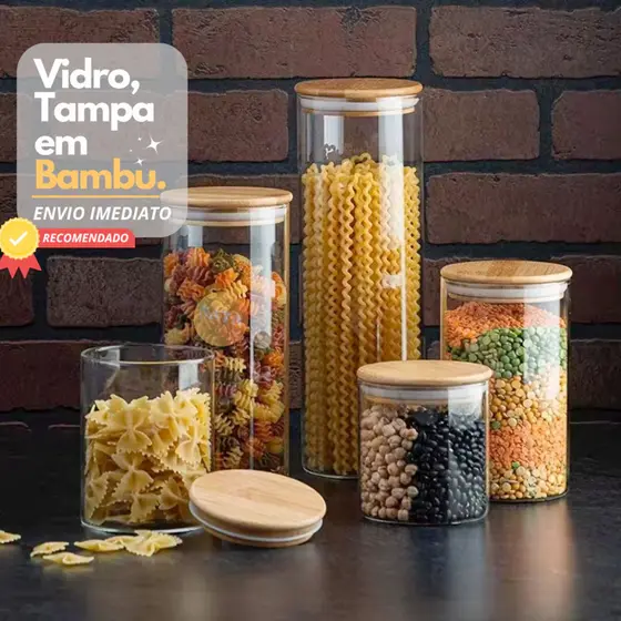 Kit Com 5 Potes Vidro Com Tampa Bambu Super Vedação hermético Conjunto porta mantimento