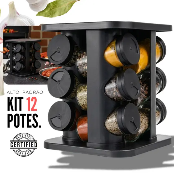 Porta Tempero Condimento Girátorio 12 Potes Cozinha Premium Preto 360 Graus Organizador  Dosador Profissional