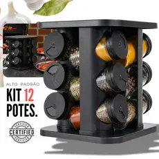 Porta Tempero Condimento Girátorio 12 Potes Cozinha Premium Preto 360 Graus Organizador Dosador Profissional