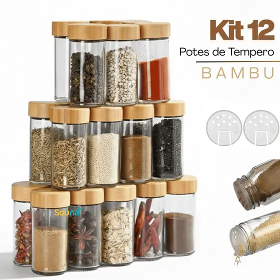 Kit 12 Potes Temperos De Vidro Tampa Bambu Porta Condimentos Sal Pimenta Cozinha Restaurante Bar