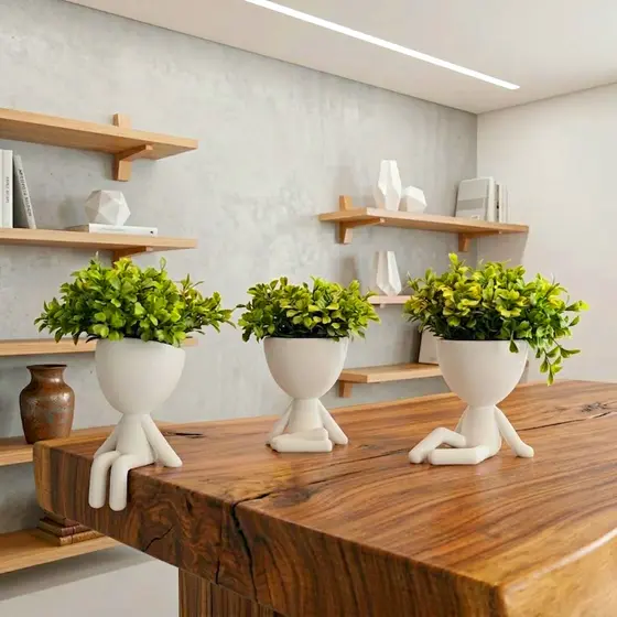 Kit 3 Vasos Decorativos com Planta Artificial | Mini Vasinhos Bob Robert 3D para Decoração de Mesa, Quarto e Sala