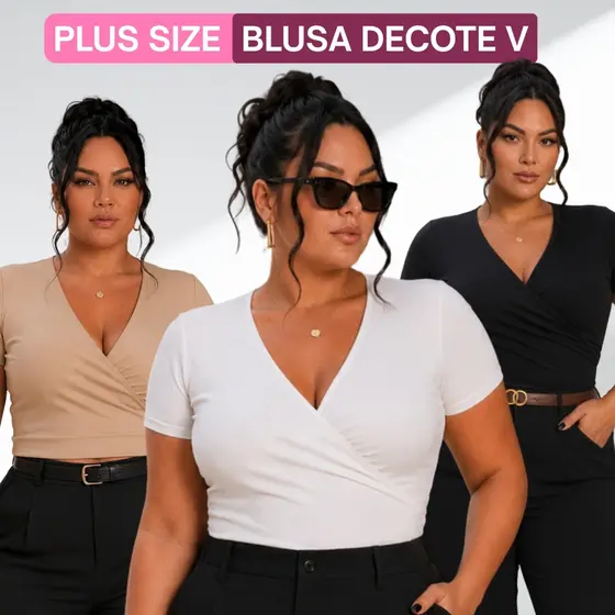 Blusa Basica Decotada Plus Size Feminina Cropped Trabalho Elegante Suplex G- G3