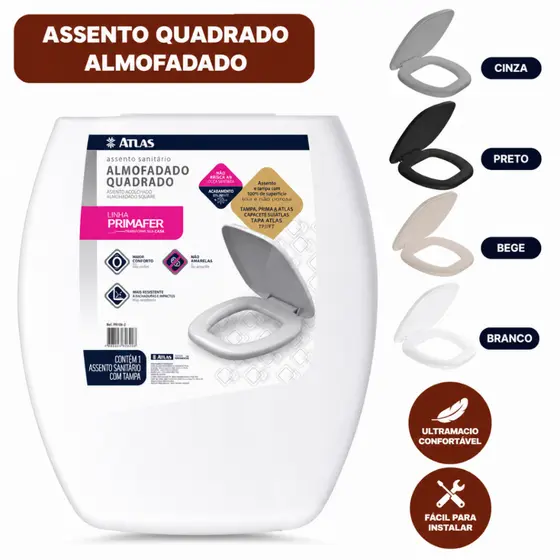 Assento Sanitário Quadrado Almofadado Super Macio + Kit Para Fixação Primafer Atlas - Original