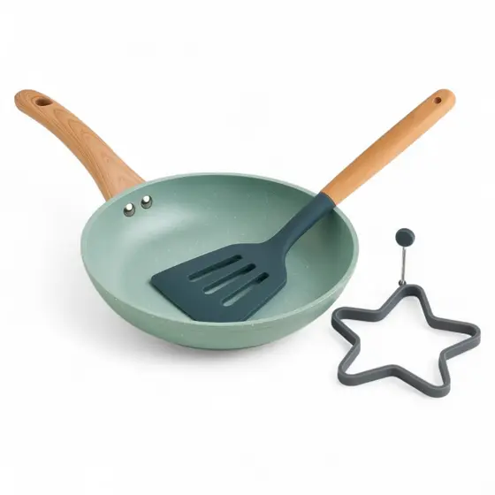 Kit Jogo 3 Peças Frigideira Antiaderente Com Moldes e Espátula