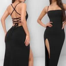 vestido longo canelado fenda na pernas e trancado nas costa luxo detalhes no bumbum