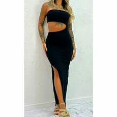 vestido longo feminino malha canelado Grécia fenda na lateral ombro