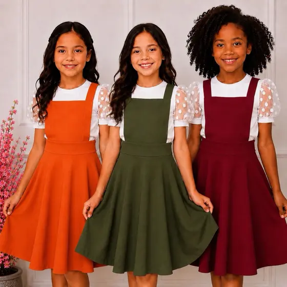 Jardineira Infantil SOB ENCOMENDA! Salopete Saia Gode Vestido Feminino Rodado Moda Cristã Midi Conjunto Blusa Blusinha