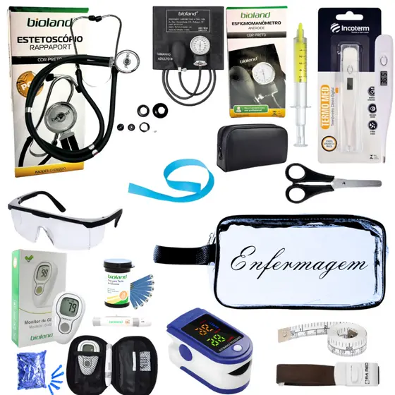Super Kit Enfermagem Aparelho de Pressão + Estetoscópio Completo + Oximetro + Nécessaire