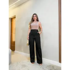 Calça pantalona social elegante moda feminina moderno com botão com bolso na frente/S9826