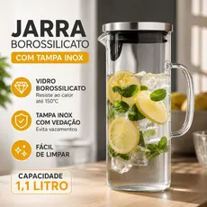 Jarra de Vidro Borossilicato 1,1L com Tampa Inox Hermética Transparente Resistente para Água Suco Chá