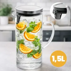Jarra de Vidro Borossilicato 1,5 Litro Garrafa Com Tampa de Inox Suco Água Resistente Transparente
