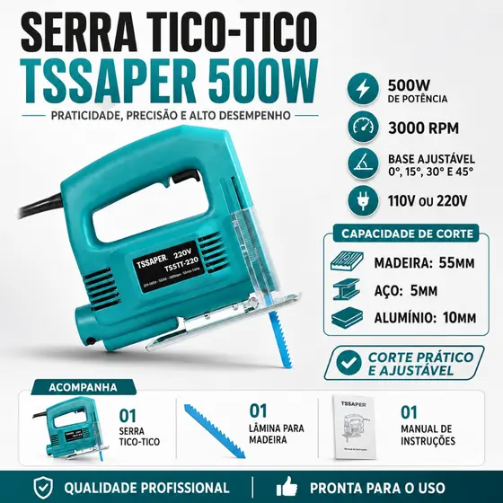 Serra Tico Tico 500w 3000rpm Uso Profissional Base Ajustável