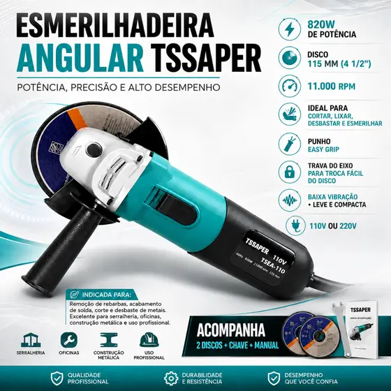 Esmerilhadeira e Lixadeira Angular Profissional 820W Com 2 Discos e Acessórios - TSSAPER