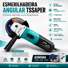 Esmerilhadeira e Lixadeira Angular Profissional 820W Com 2 Discos e Acessórios - TSSAPER
