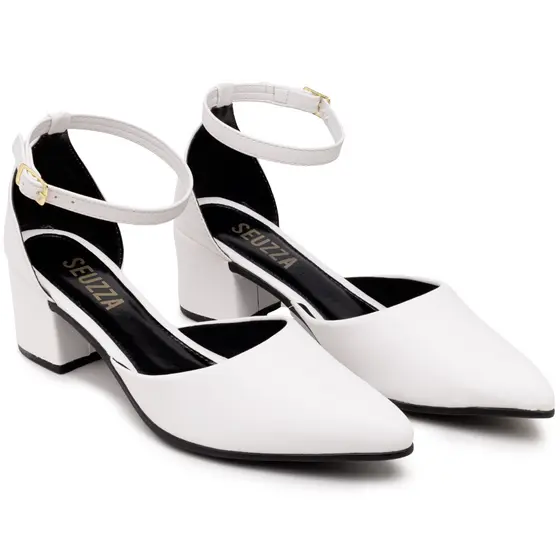 Scarpin Feminino Bico Fino Salto Grosso Sapato Social e Casual Fechado Fivela Sofisticado Lançamento