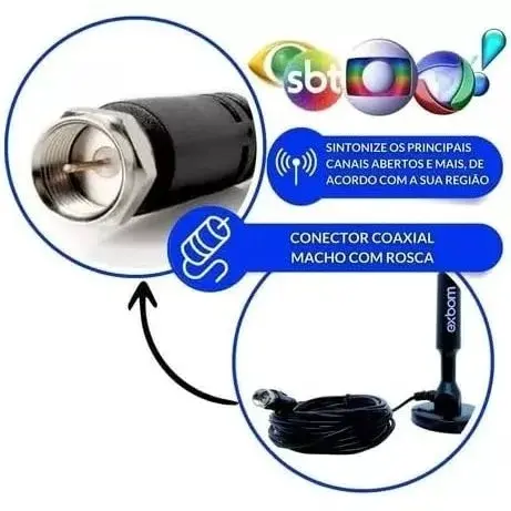 Antena Digital para TV 5 metros , Interna e Externa, Sinal TV, HDTV, 4K, FM, UHF, Base Imã, Prova d'água