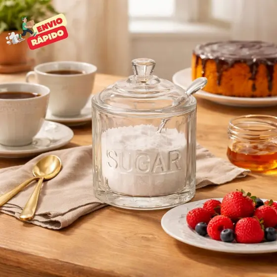 Açucareiro Wolff em Vidro Harmony Porta Açucar Sugar Mesa Posta com Colher e Tampa